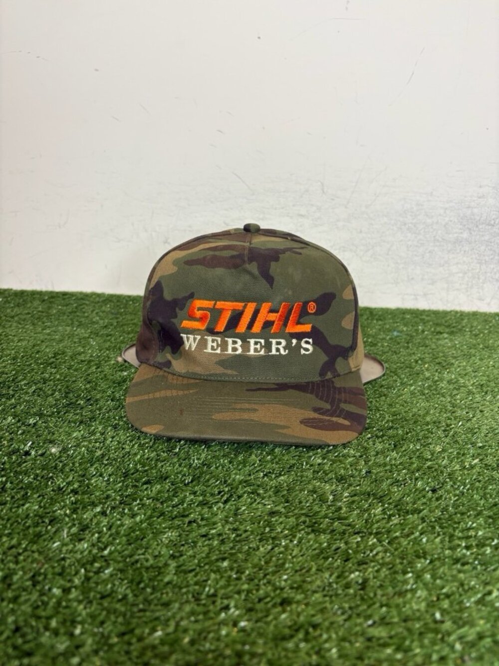 Vintage Stihl hat cap snap back green brown camo webers outdoor workwear